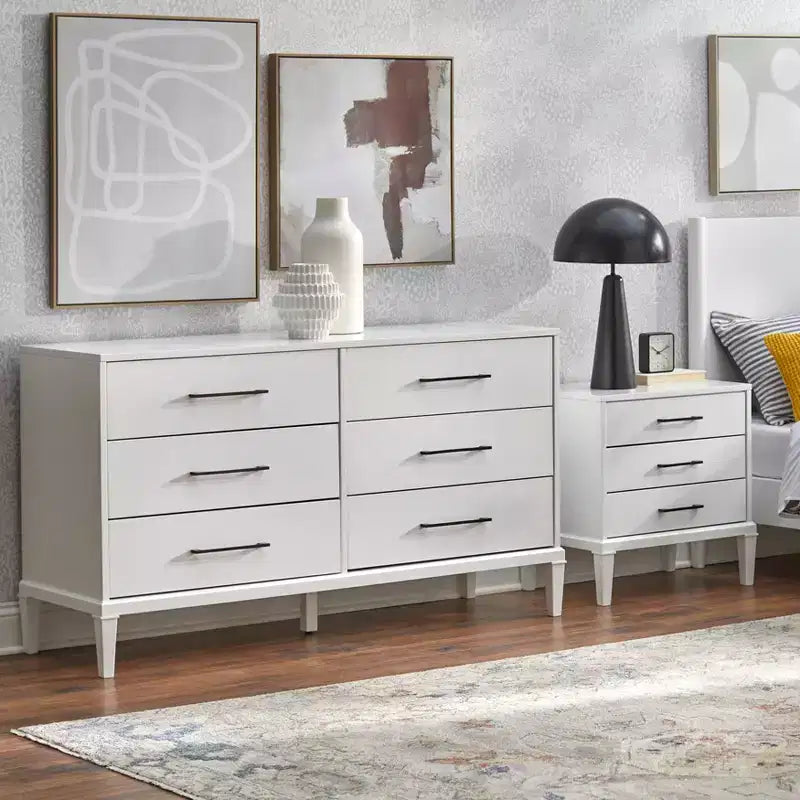 Commode Lifestorey Sussex 6 tiroirs blanche : pieds en hévéa massif, MDF, style ferme moderne