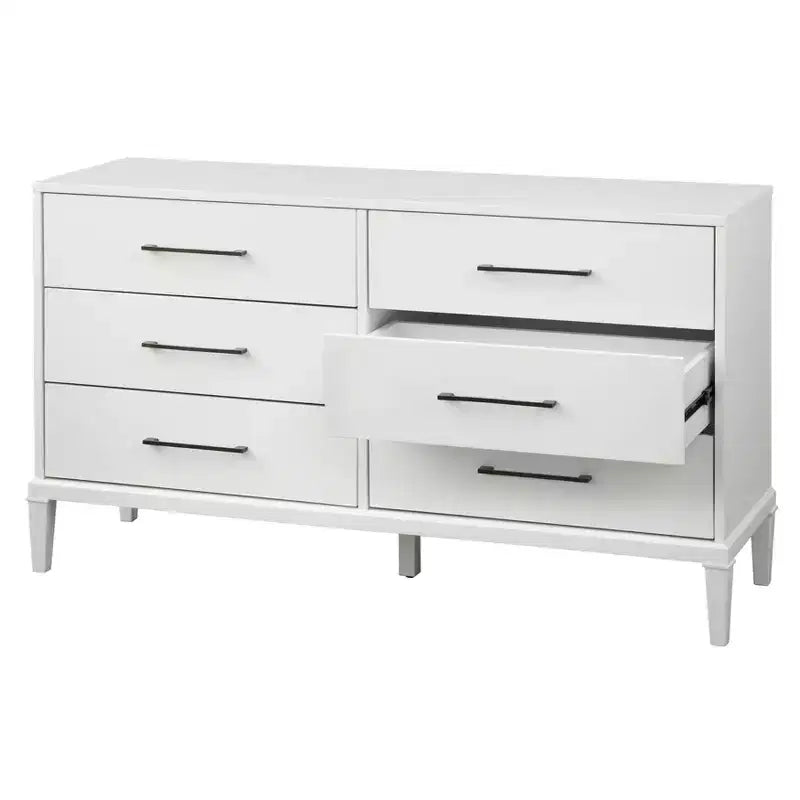 Commode Lifestorey Sussex 6 tiroirs blanche : pieds en hévéa massif, MDF, style ferme moderne