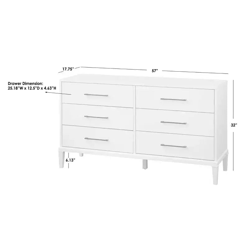 Commode Lifestorey Sussex 6 tiroirs blanche : pieds en hévéa massif, MDF, style ferme moderne