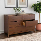 Commode à 6 tiroirs Powell Pensy en bois massif de style moderne Mid-Century, finition noyer : Rangement pour chambre à coucher, cadre en pin, glissières en métal