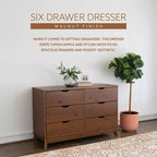 Commode à 6 tiroirs Powell Pensy en bois massif de style moderne Mid-Century, finition noyer : Rangement pour chambre à coucher, cadre en pin, glissières en métal