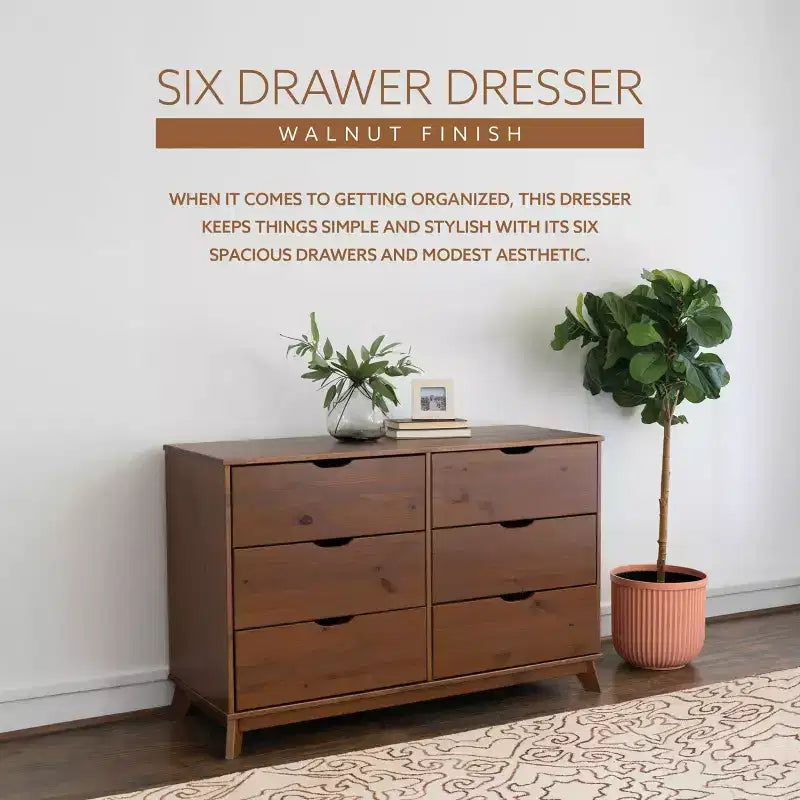 Commode à 6 tiroirs Powell Pensy en bois massif de style moderne Mid-Century, finition noyer : Rangement pour chambre à coucher, cadre en pin, glissières en métal