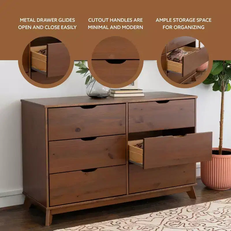 Commode à 6 tiroirs Powell Pensy en bois massif de style moderne Mid-Century, finition noyer : Rangement pour chambre à coucher, cadre en pin, glissières en métal