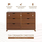 Commode à 6 tiroirs Powell Pensy en bois massif de style moderne Mid-Century, finition noyer : Rangement pour chambre à coucher, cadre en pin, glissières en métal