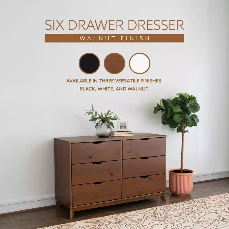 Commode à 6 tiroirs Powell Pensy en bois massif de style moderne Mid-Century, finition noyer : Rangement pour chambre à coucher, cadre en pin, glissières en métal