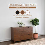 Commode à 6 tiroirs Powell Pensy en bois massif de style moderne Mid-Century, finition noyer : Rangement pour chambre à coucher, cadre en pin, glissières en métal
