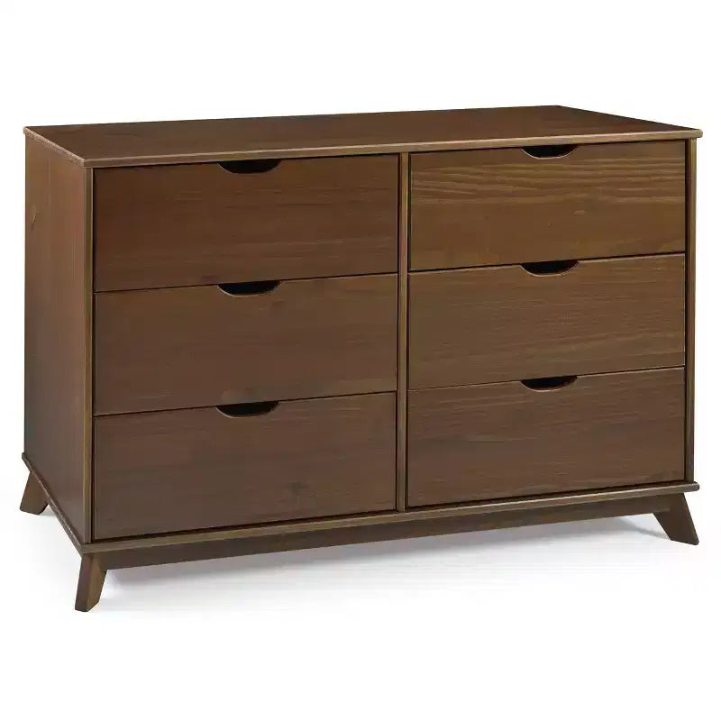 Commode à 6 tiroirs Powell Pensy en bois massif de style moderne Mid-Century, finition noyer : Rangement pour chambre à coucher, cadre en pin, glissières en métal