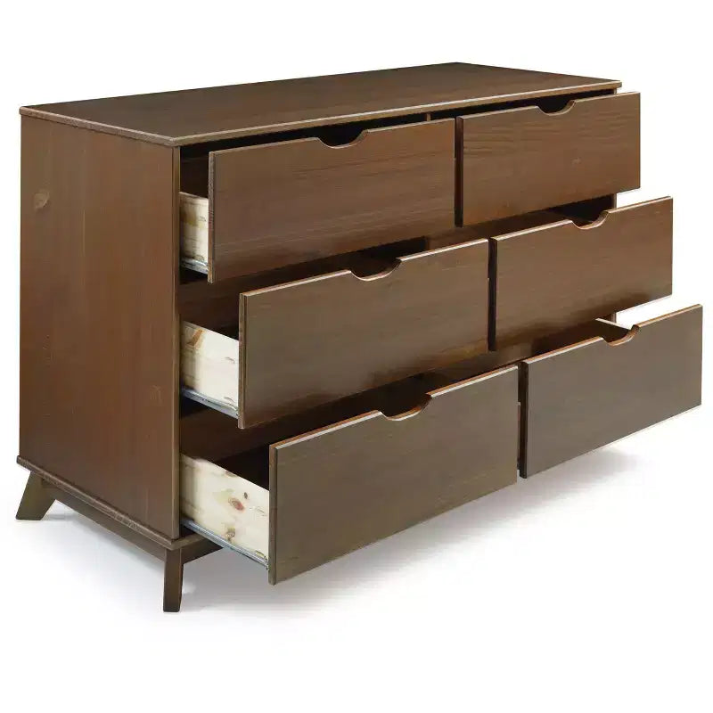 Commode à 6 tiroirs Powell Pensy en bois massif de style moderne Mid-Century, finition noyer : Rangement pour chambre à coucher, cadre en pin, glissières en métal