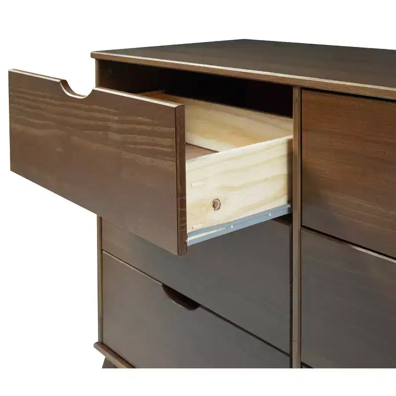 Commode à 6 tiroirs Powell Pensy en bois massif de style moderne Mid-Century, finition noyer : Rangement pour chambre à coucher, cadre en pin, glissières en métal