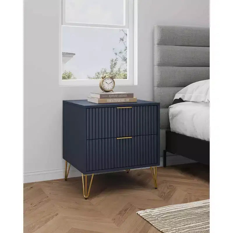 Manhattan Comfort Dumbo Table de Chevet 2 Tiroirs Bleu Nuit : Meuble de Chevet Moderne en MDF avec Glissières Métalliques