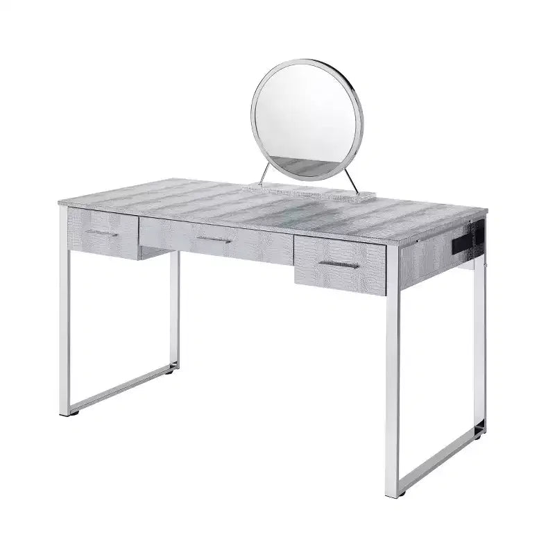 Coiffeuse 50 po Myles Blanc antique, fini chrome - Acme Furniture : Prise intégrée, USB, Rangement