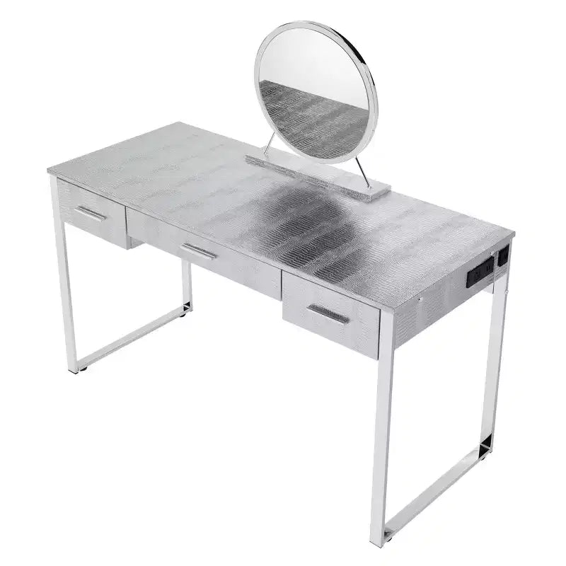 Coiffeuse 50 po Myles Blanc antique, fini chrome - Acme Furniture : Prise intégrée, USB, Rangement