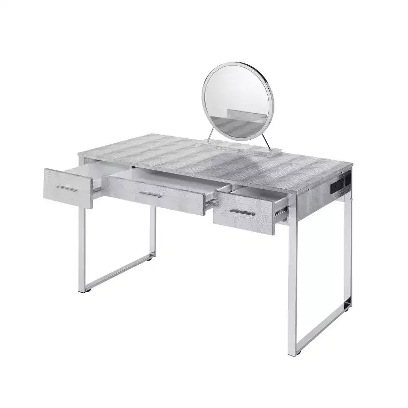 Coiffeuse 50 po Myles Blanc antique, fini chrome - Acme Furniture : Prise intégrée, USB, Rangement