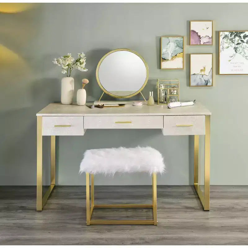 Coiffeuse 50 po Myles finition blanc antique et champagne - Acme Furniture