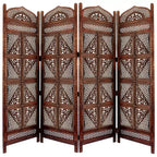 Benzara Traditional Four Panel Wooden Room Divider with Hand Carved Details Antique Brown