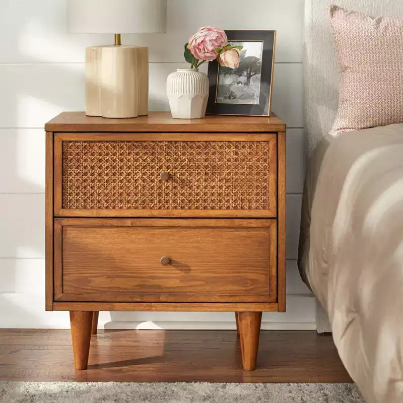 Lifestorey Maxwell Chevet Mid-Century Moderne 2 Tiroirs Rotin Naturel/Chêne Blond