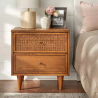 Lifestorey Maxwell Chevet Mid-Century Moderne 2 Tiroirs Rotin Naturel/Chêne Blond