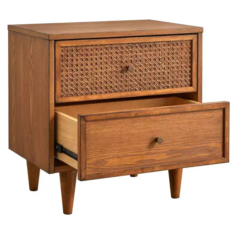 Lifestorey Maxwell Chevet Mid-Century Moderne 2 Tiroirs Rotin Naturel/Chêne Blond