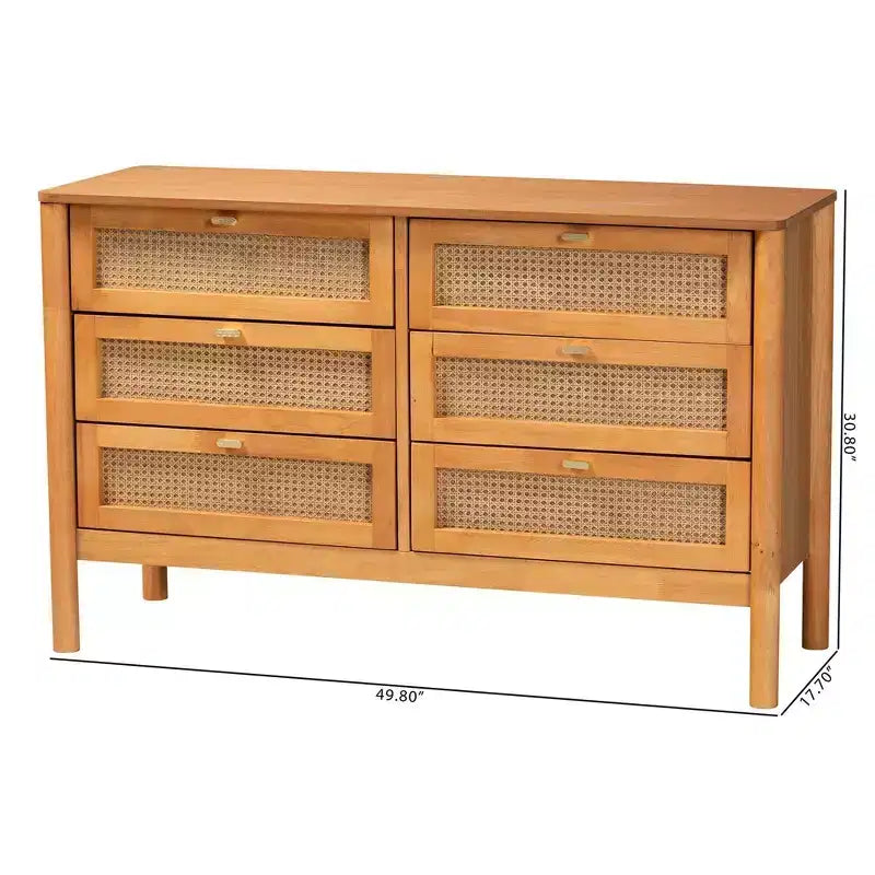 Commode à 6 tiroirs en bois Jenn Baxton Studio avec rotin finition vieillie marron doré/rotin vieilli
