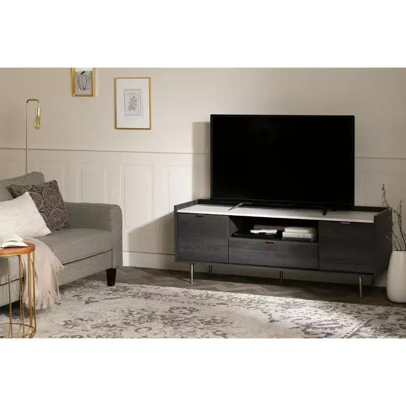 Meuble TV South Shore Hype pour téléviseurs jusqu'à 75", chêne gris/faux marbre de Carrare : Panneau de particules stratifié, étagères de rangement