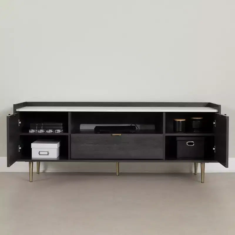 Meuble TV South Shore Hype pour téléviseurs jusqu'à 75", chêne gris/faux marbre de Carrare : Panneau de particules stratifié, étagères de rangement