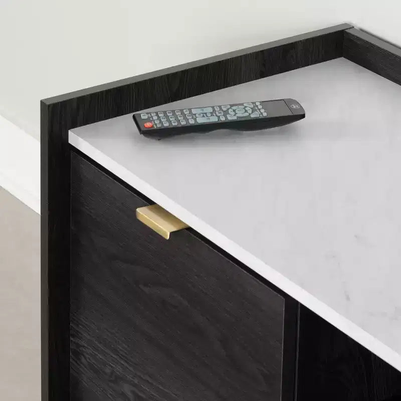 Meuble TV South Shore Hype pour téléviseurs jusqu'à 75", chêne gris/faux marbre de Carrare : Panneau de particules stratifié, étagères de rangement