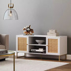 Meuble TV Mina en rotin et bois à 2 portes de 119 cm pour téléviseurs jusqu'à 150 cm Blanc/Doré - Nathan James : Meuble TV Bohème Chic