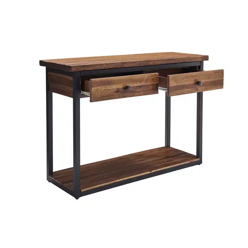 Console en bois rustique Claremont avec deux tiroirs et étagère basse brun foncé - Meubles Alaterre : Style industriel, cadre en métal, rangement d'entrée