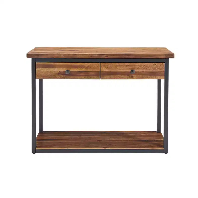 Console en bois rustique Claremont avec deux tiroirs et étagère basse brun foncé - Meubles Alaterre : Style industriel, cadre en métal, rangement d'entrée