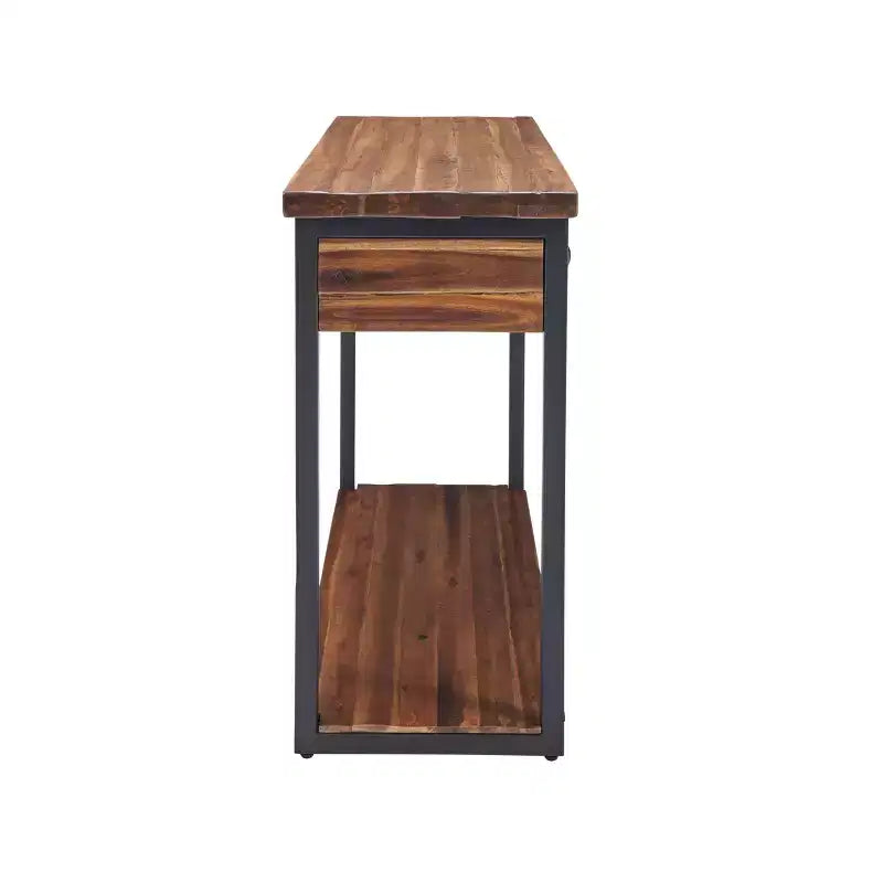 Console en bois rustique Claremont avec deux tiroirs et étagère basse brun foncé - Meubles Alaterre : Style industriel, cadre en métal, rangement d'entrée