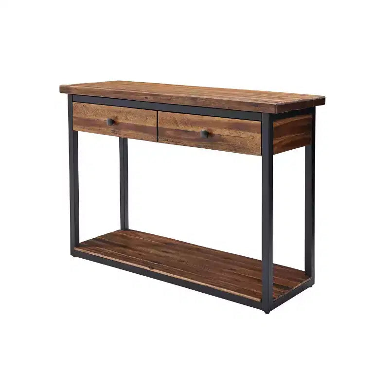 Console en bois rustique Claremont avec deux tiroirs et étagère basse brun foncé - Meubles Alaterre : Style industriel, cadre en métal, rangement d'entrée