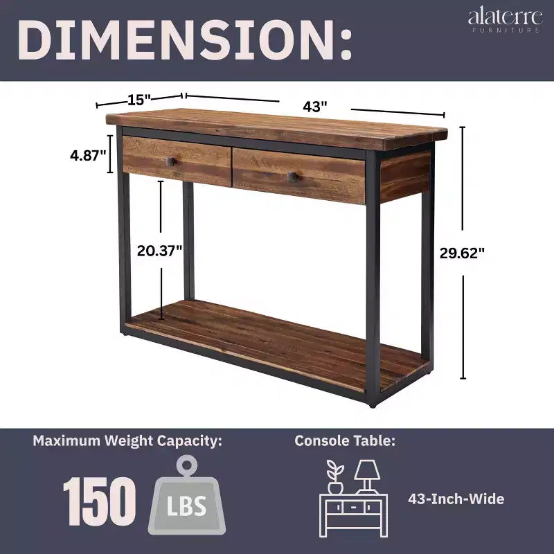 Console en bois rustique Claremont avec deux tiroirs et étagère basse brun foncé - Meubles Alaterre : Style industriel, cadre en métal, rangement d'entrée