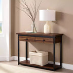 Console en bois rustique Claremont avec deux tiroirs et étagère basse brun foncé - Meubles Alaterre : Style industriel, cadre en métal, rangement d'entrée