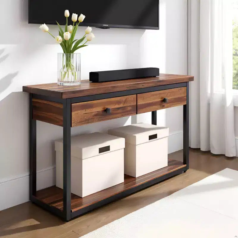Console en bois rustique Claremont avec deux tiroirs et étagère basse brun foncé - Meubles Alaterre : Style industriel, cadre en métal, rangement d'entrée