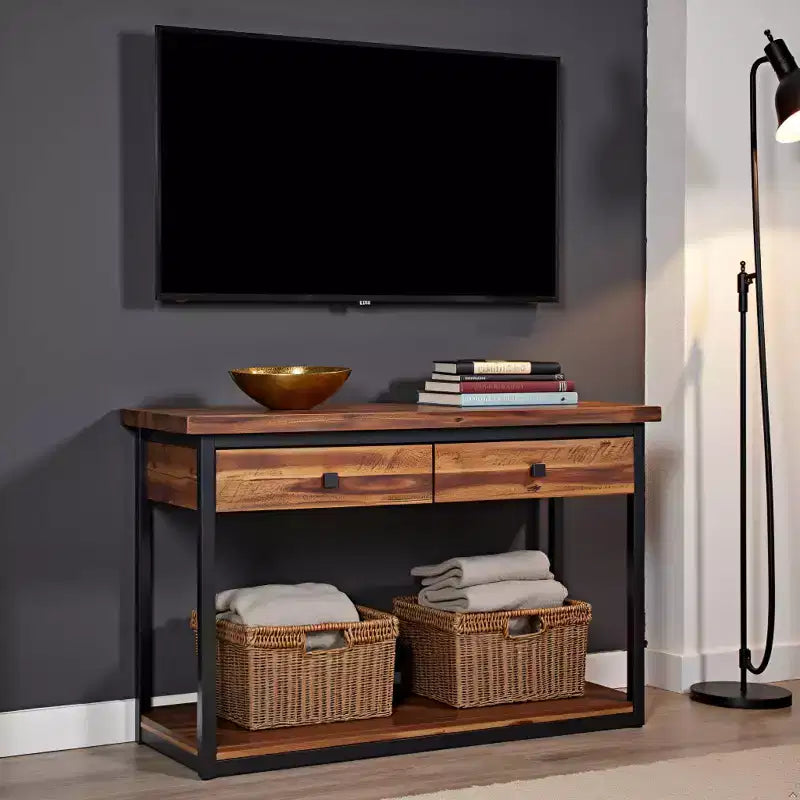 Console en bois rustique Claremont avec deux tiroirs et étagère basse brun foncé - Meubles Alaterre : Style industriel, cadre en métal, rangement d'entrée