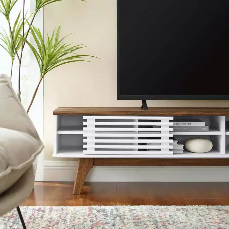 Meuble TV Render pour téléviseurs jusqu'à 78 po Noyer/Blanc - Modway : Design mi-siècle, rangement multimédia, gestion des câbles