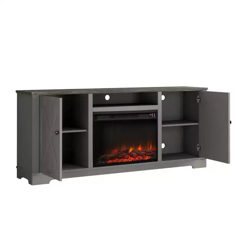Meuble TV de style ferme pour téléviseurs jusqu'à 70'' avec foyer électrique et placards de rangement - Festivo