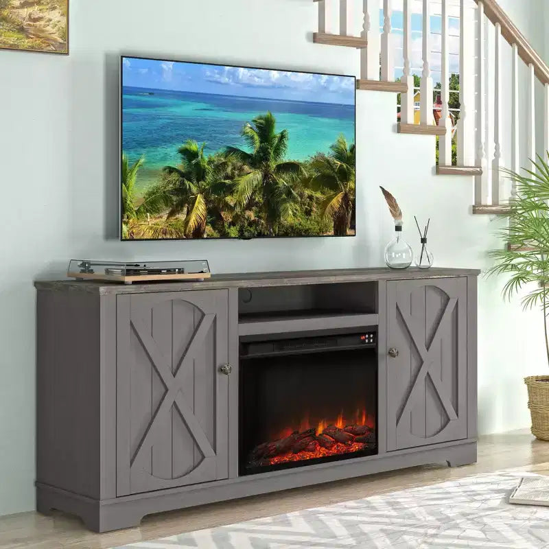 Meuble TV de style ferme pour téléviseurs jusqu'à 70'' avec foyer électrique et placards de rangement - Festivo
