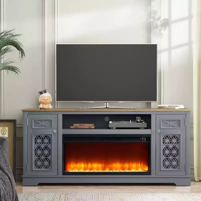 Meuble TV Festivo Farmhouse 70" pour téléviseurs jusqu'à 80" avec cheminée, gris