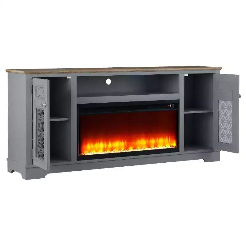 Meuble TV Festivo Farmhouse 70" pour téléviseurs jusqu'à 80" avec cheminée, gris