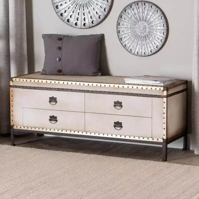 Banc de rangement Baxton Studio Heaton en toile avec 4 tiroirs Beige/Café/Noir