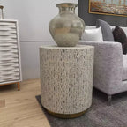 Tabouret contemporain en nacre blanc - Olivia & May : accent rond moderne, cadre en MDF, motif uni, hauteur d'assise de 56,77 cm