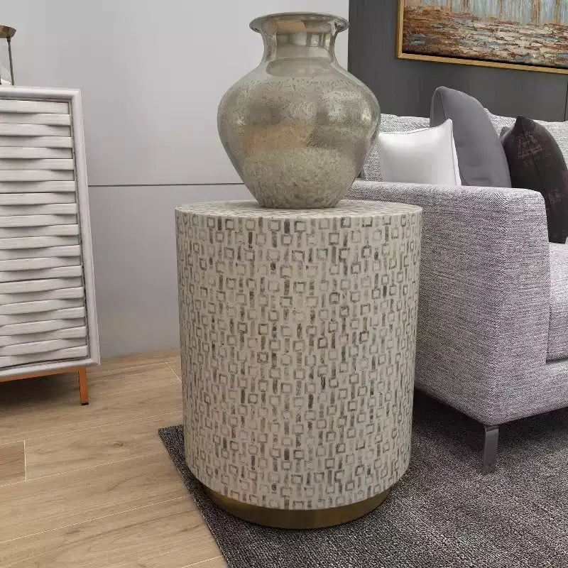 Tabouret contemporain en nacre blanc - Olivia & May : accent rond moderne, cadre en MDF, motif uni, hauteur d'assise de 56,77 cm