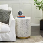 Tabouret contemporain en nacre blanc - Olivia & May : accent rond moderne, cadre en MDF, motif uni, hauteur d'assise de 56,77 cm