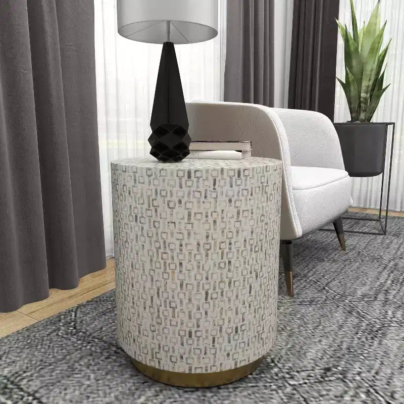Tabouret contemporain en nacre blanc - Olivia & May : accent rond moderne, cadre en MDF, motif uni, hauteur d'assise de 56,77 cm