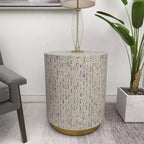 Tabouret contemporain en nacre blanc - Olivia & May : accent rond moderne, cadre en MDF, motif uni, hauteur d'assise de 56,77 cm