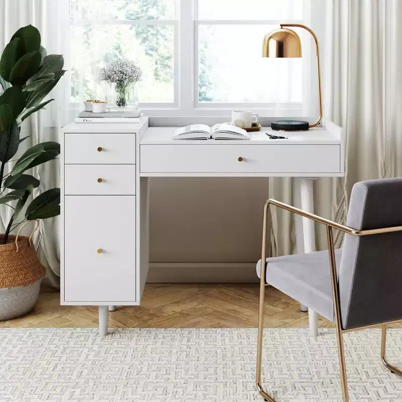 Bureau de courtoisie en bois Daisy 42 po avec tiroirs blanc mat/or - Nathan James