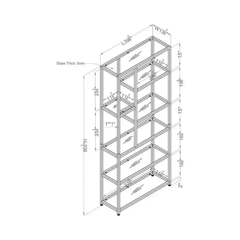 miBasics 90,5" Suncroft Étagère bibliothèque d'appoint en verre chromé : Style glamour de luxe, 7 niveaux, finition métallique
