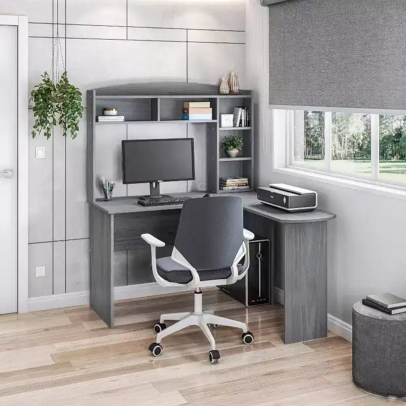 Bureau d'angle moderne avec huche gris - Techni Mobili