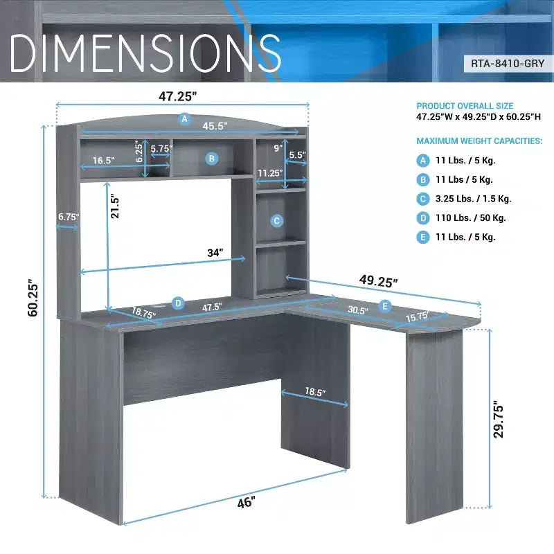 Bureau d'angle moderne avec huche gris - Techni Mobili